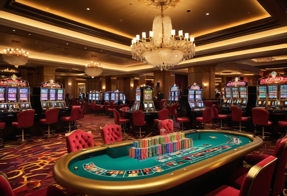 An opulent casino interior showcasing shimmering chandeliers and plush velvet seating, with gleaming slot machines and excited players at blackjack and poker tables. In the foreground, a stack of chips and a sparkling champagne glass symbolize the allure of high-stakes gaming. Include subtle hints of online gambling on a nearby sleek laptop. The atmosphere is vibrant and luxurious, radiating a sense of wealth and excitement. super-realistic. vibrant colors.