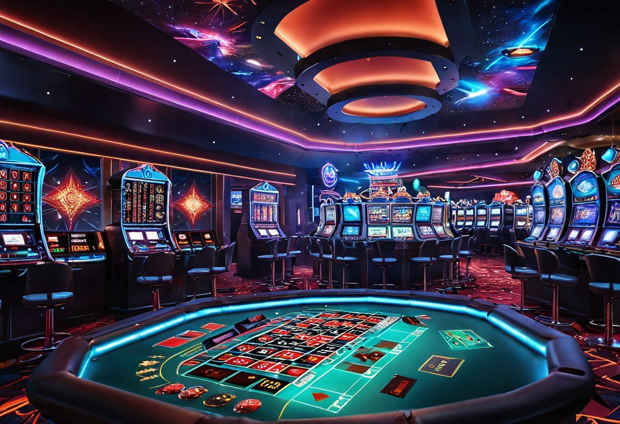 An inviting digital landscape showcasing a futuristic casino with glowing neon lights, animated roulette wheels, and digital poker tables. Include a confident gambler with a virtual reality headset, skillfully navigating through various online games. Surround the scene with symbols of luck like dice and playing cards, all set against a starry night sky. vibrant colors. cyberpunk.