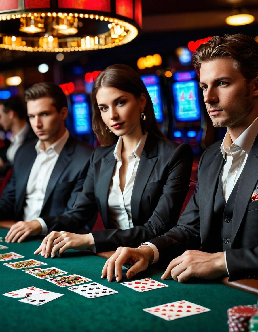 A dynamic and visually captivating scene depicting a poker table with diverse players deep in concentration, vibrant casino lights illuminating the background. Symbols of luck like playing cards, chips, and a jackpot machine are artfully integrated into the design. The mood should convey excitement and strategy, with highlighted focus on a winning hand of cards. The color palette should be rich and colorful, enhancing the thrill of betting. super-realistic. vibrant colors. casino style.